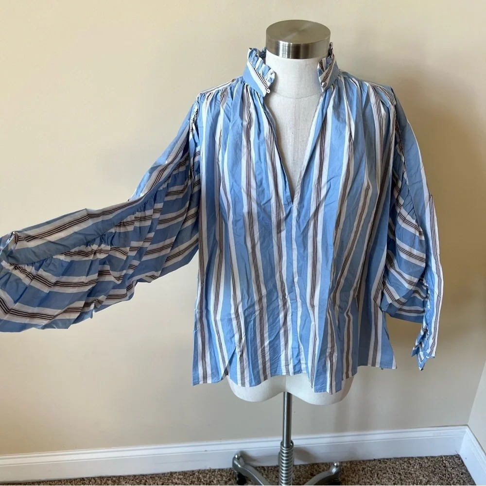 Maje Lavia striped ruffle collar woven long sleeve shirt 13489 - Picture 6 of 12